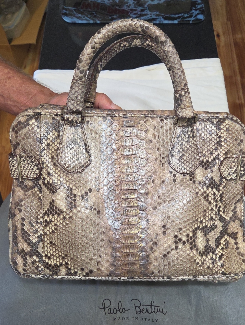 Taupe Python-Print Leather Satchel